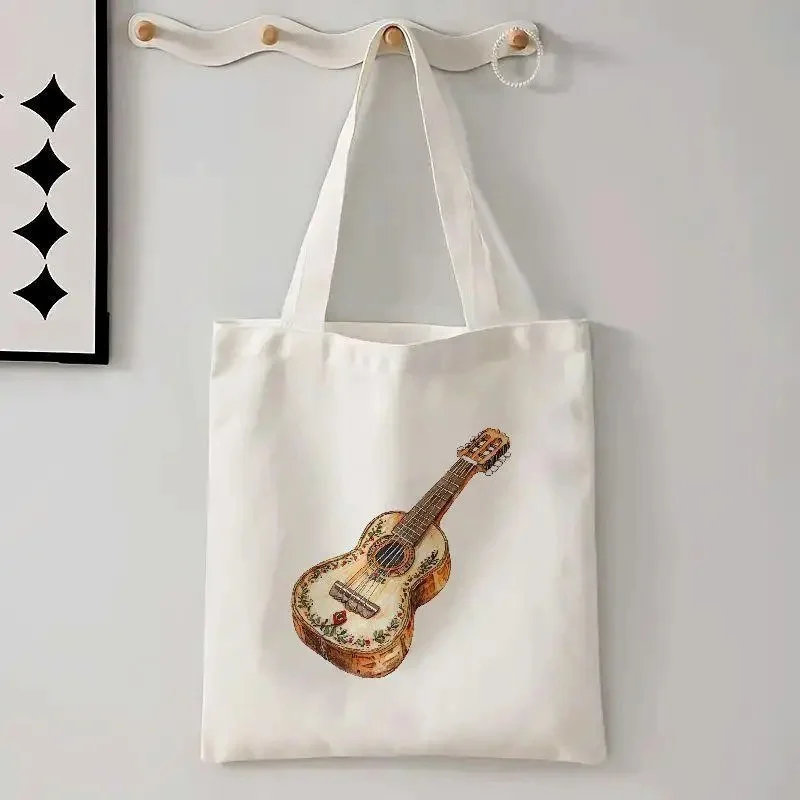 Vintage Guitar Print Canvas Tote Bag Reusable Shoulder Bag, Casual Music Lovers Handbag for Daily Use