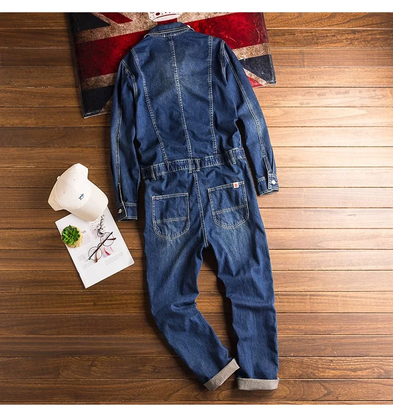 Herren Denim-Jumpsuits mit losen Taschen, langen Ärmeln, Overalls mit Reverskragen, Cargo-Jeans, Arbeitskleidung – Detail 4