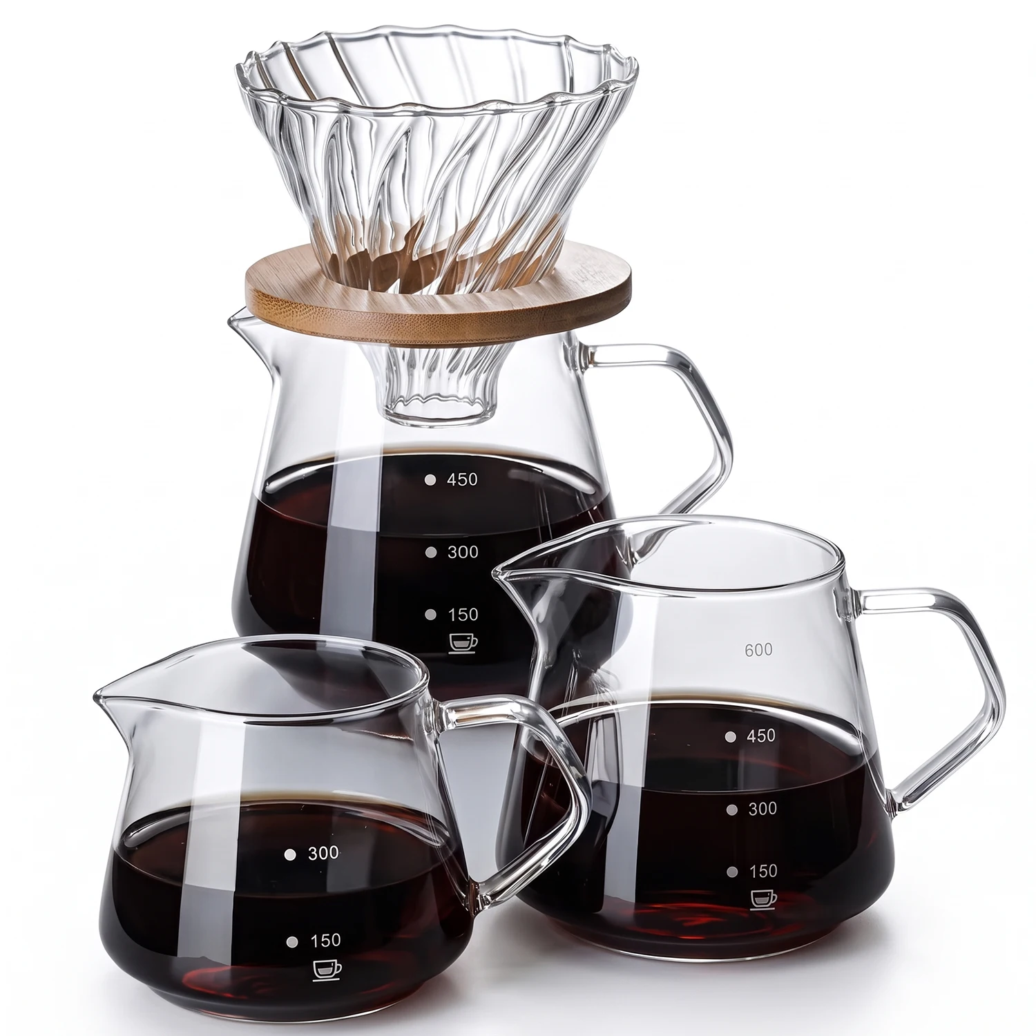 Pour Over Coffee Maker Set with Wooden Support Coffee Filter, Coffee Pot with Handle, Glass Coffee Dripper