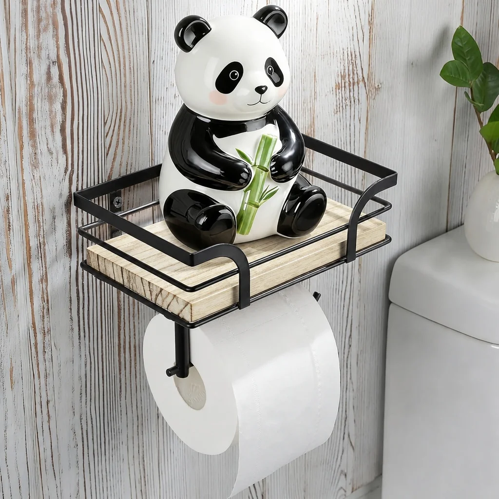 

Bathroom Wall-Mounted Wooden Storage Rack with Iron and Wood Combination Tissue Paper Holder for Organizing Toiletries