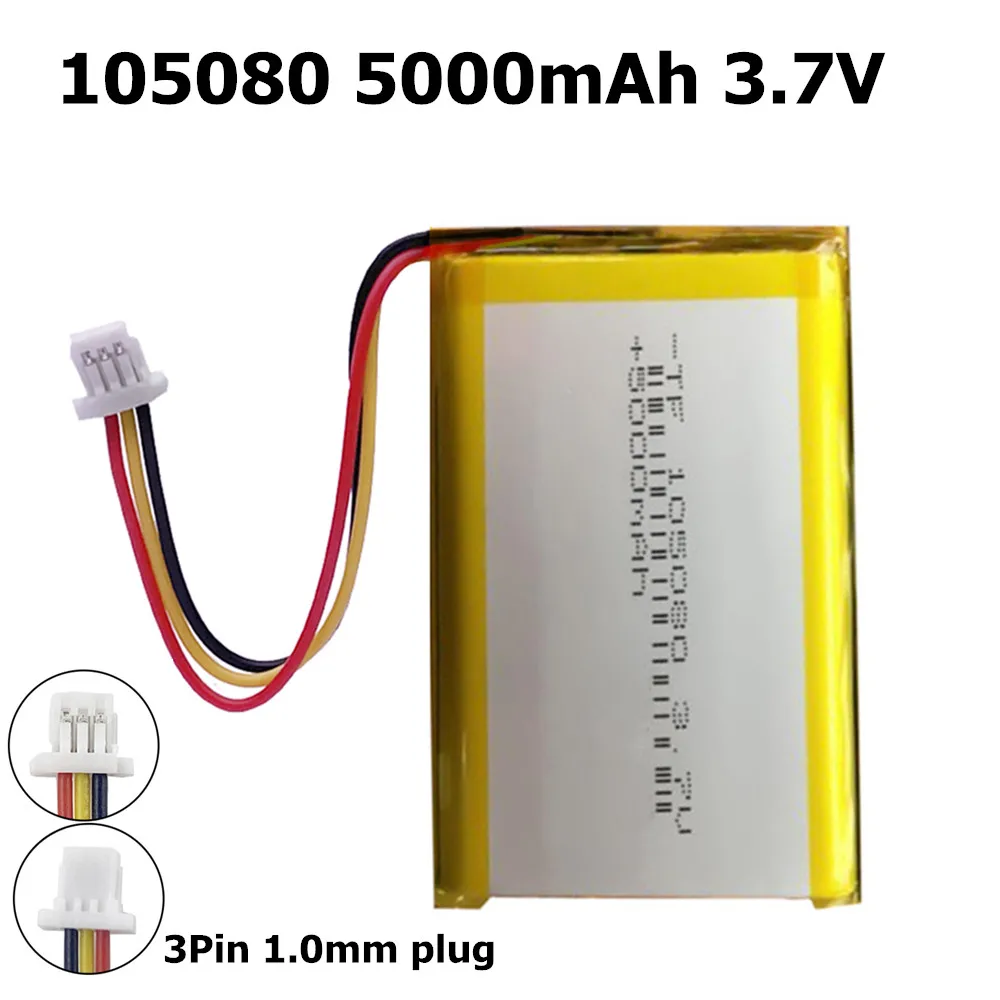 3.7V 5000mAh 18.5Wh Thermistor 3 Wires Li-Polymer Li Lipo Battery 105080 3Pin 1.0mm JST For DashCam GPS LED Power Bank Tablet PC