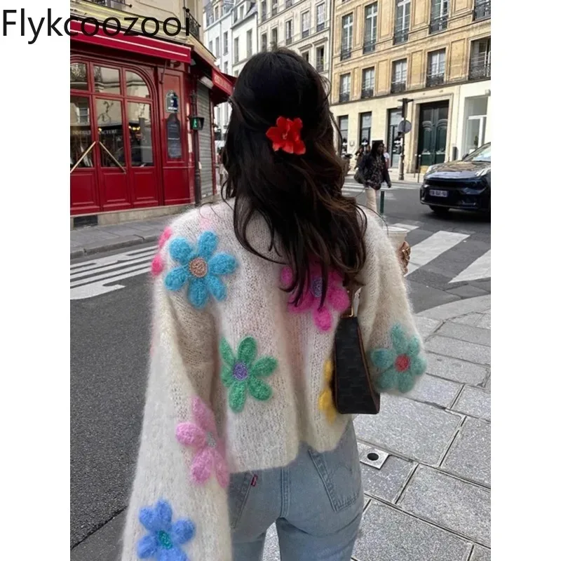 

Women Printing Sweaters O-Neck Colorful 3D Flower Long Sleeved Knitted Cardigan Autumn Lazy Casual Gentle Ladies Clothing Wear