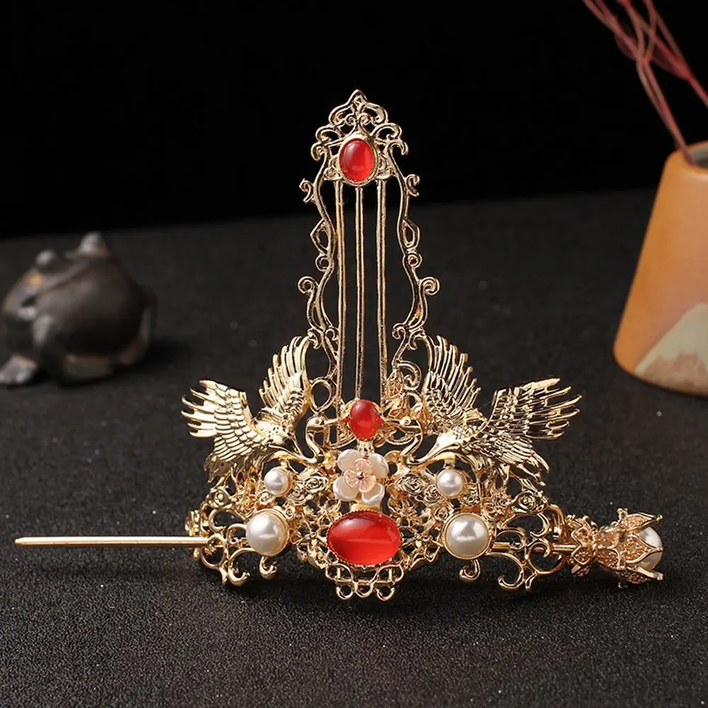 New Ancient Style Hair Crown Chinese Hanfu Hairpin Gem Crane Simple Hair Stick For Bride Wedding Temperament Hair Accessories