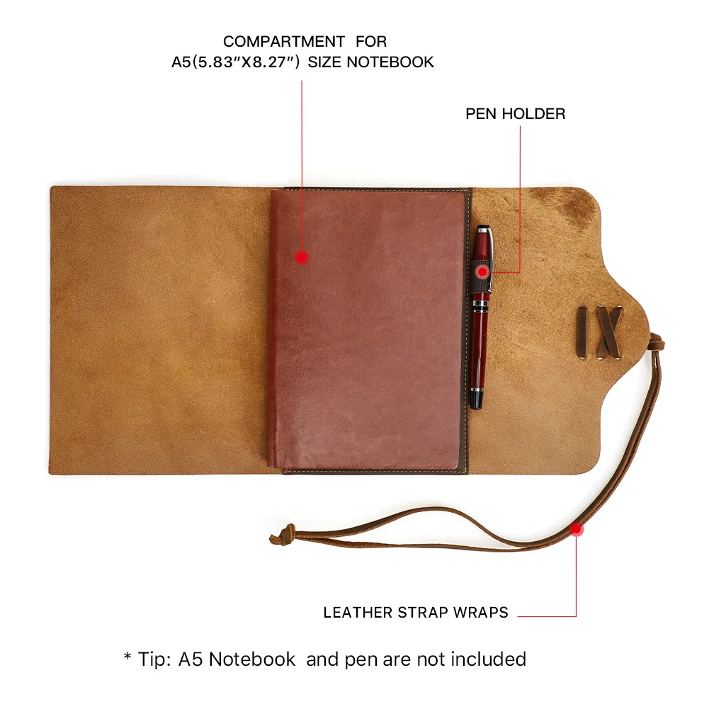 Retro Genuine Crazy Horse Leather Wrap A5 Handmade Notebook Cover Travel Portable with Pen Holder Diary Office School Stationery