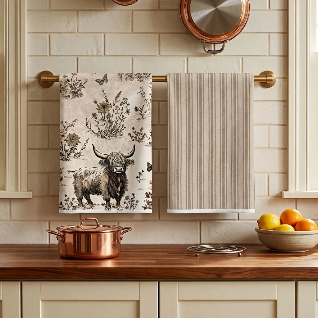 2-Pack Scottish Highland Cattle French Pinstriped Kitchen Tea Towels,
