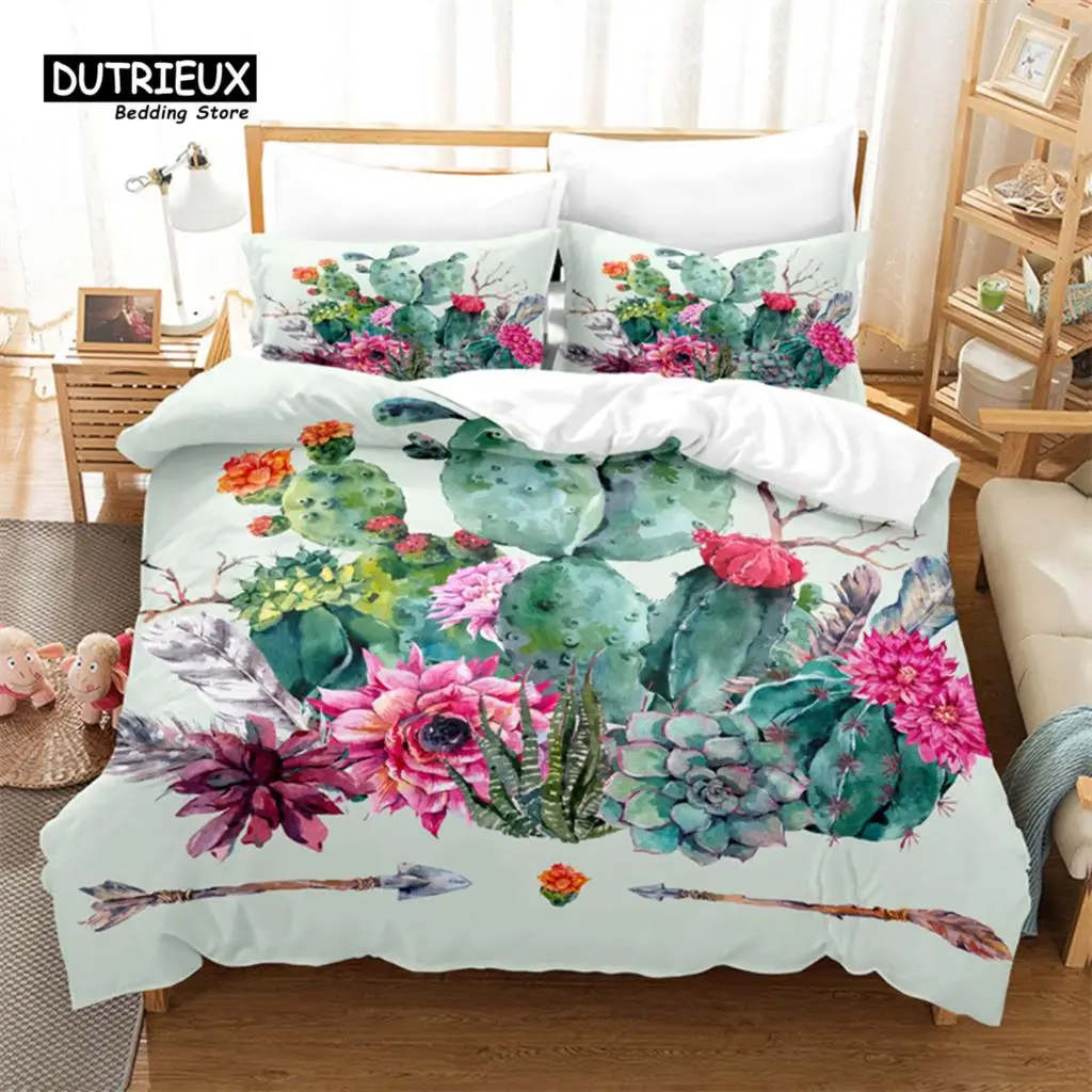 

Creative Leaves Duvet Cover Set, Succulent Cactus Bedding Set, Soft Comfortable Breathable Duvet Cover, For Bedroom Guest Room