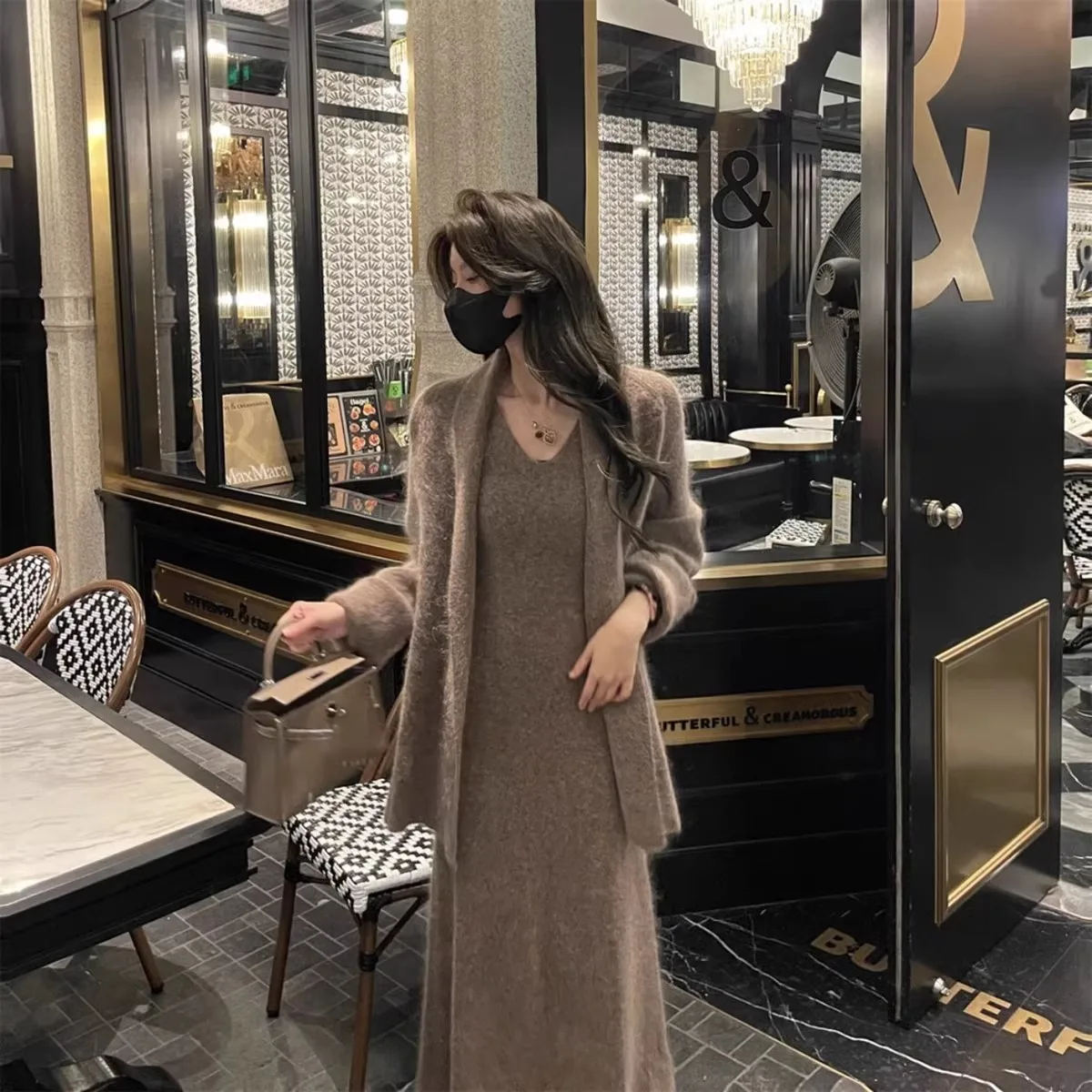 New Lazy Style Autumn Winter Knitted Two Piece Set Women Soft Mohair Knitted Lace Up Belt Loose Cardigan + Vest Long Dress Suit