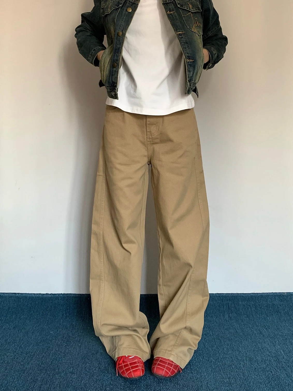 

Retro American Straight Leg Workwear Trousers ex Loose Floor-Length Casual Khaki Long Trousers Trendy Cotton Youth Active...