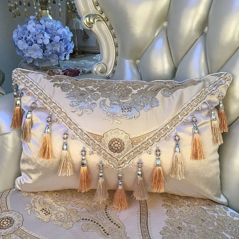 

European luxury fashion sofa pillow cushion cover luxury rectangular pillow sitting room bedside tassels Cushion Cover