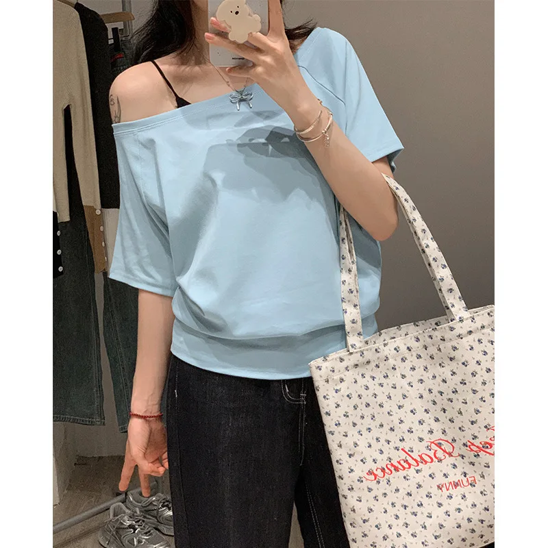 Off Shoulder T-Shirt Lace Top Womens Yellow Bright Simple Solid Color Regular Version Basic Plain Female Tee Pure Fresh Light GF