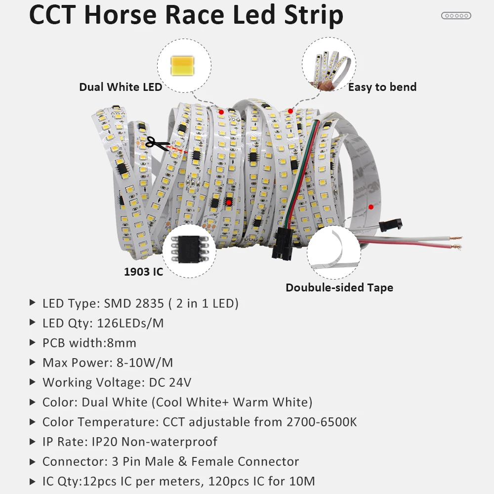 24V CCT Running Water Flowing LED Strip Light 2835 8mm Dual White Flex Ribbon Touch Panel Control Chasing Tape Lamp 2700K 6500K