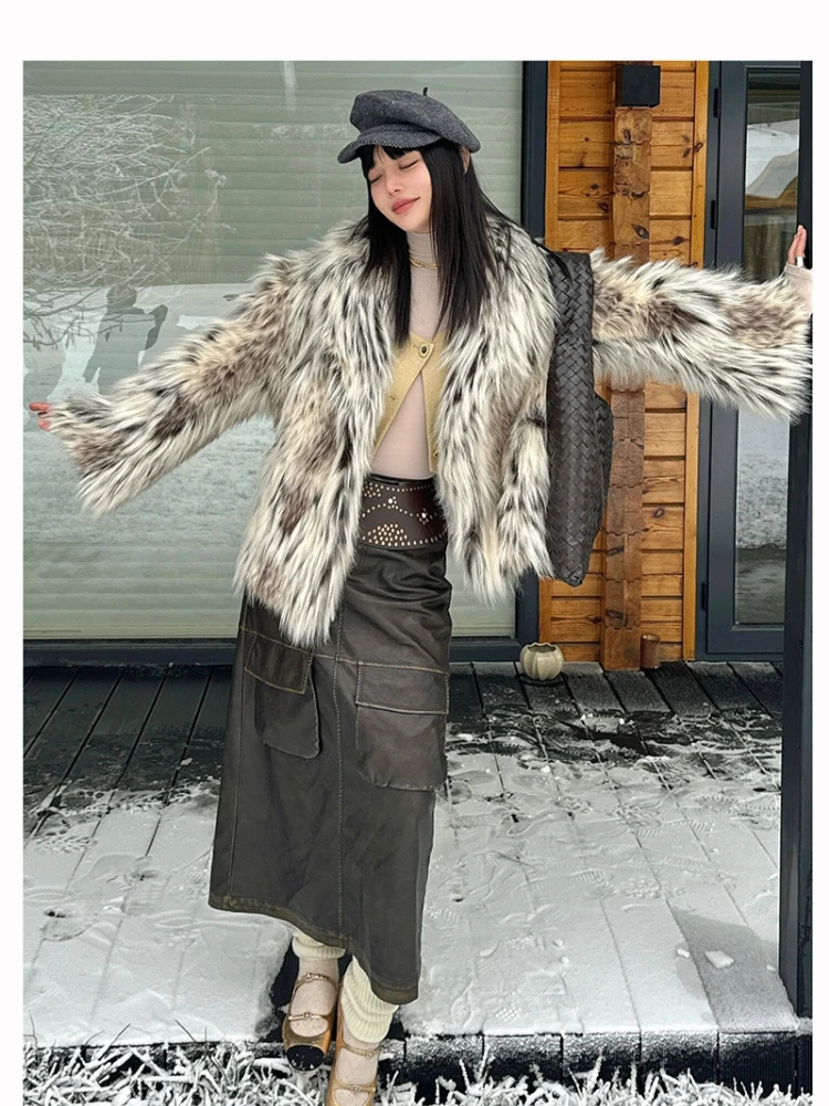 Leopard Print  Faux Fur Coat Short Turndown Collar Fluffy  Winter Jacket Women Cardigan Vintage Thick Warm  Plush Coat Overcoat