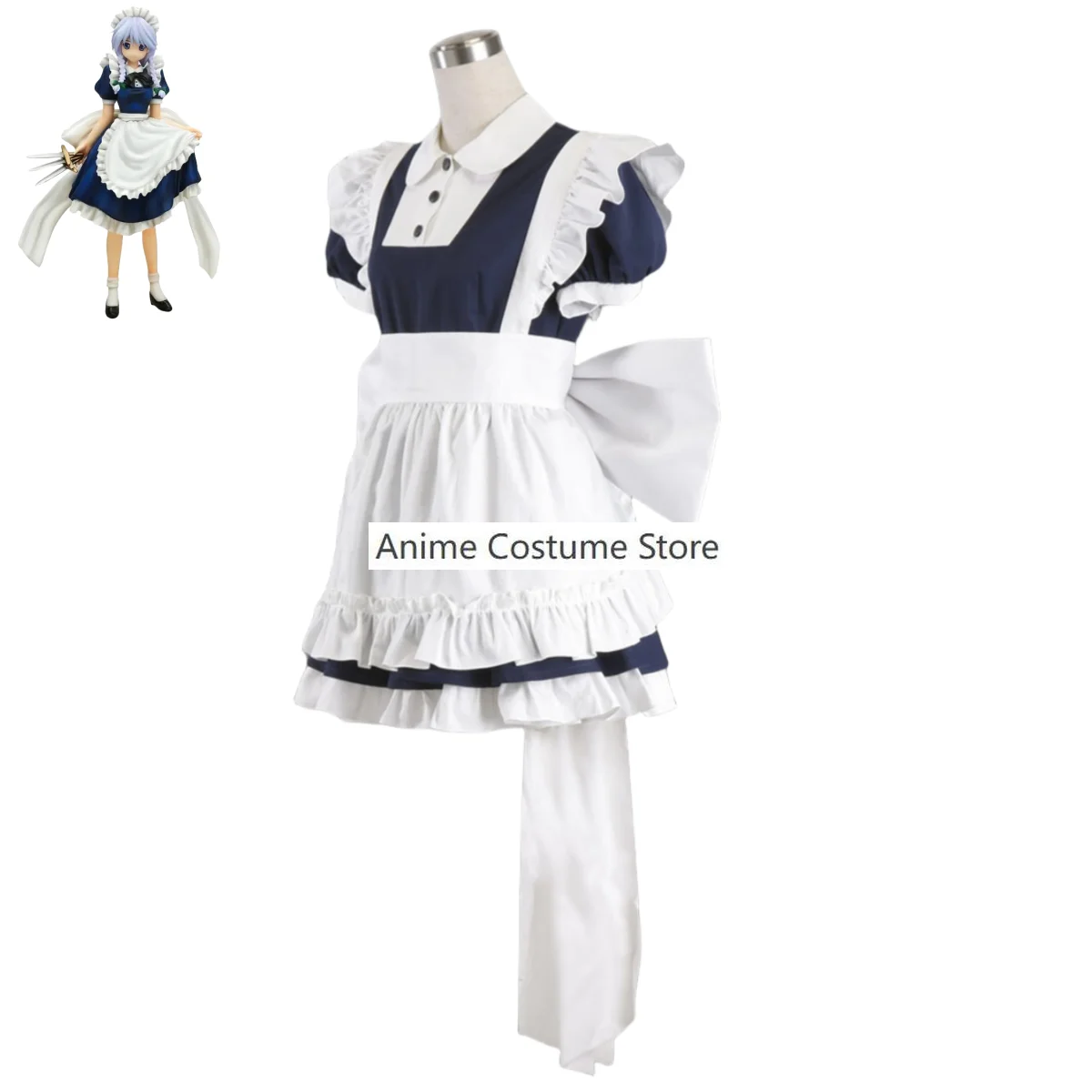 Anime TouHou Izayoi Sakuya Cosplay Fantasia com Peruca, Traje de empregada, Vestido Lolita, Vestido feminino, Sexy, Kawaii, Fato de festa de aniversário