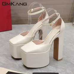 New Platform Shoes Women Super High Heels Runway Shoes Patent Leather Women Pumps Square Toe Chunky Heels Party Shoes Woman