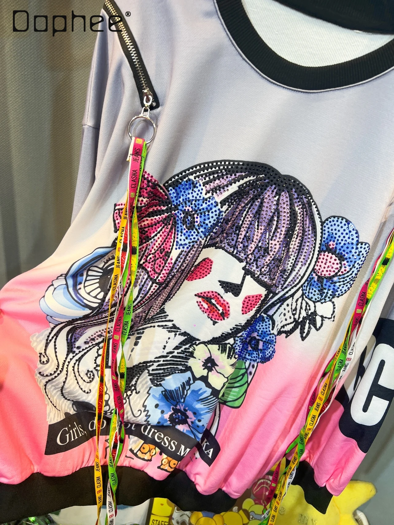 Fashion Cartoon Rhinestone Sweatshirt Women Autumn New Loose Mid-Length Round Neck Letter Print Colorful Ribbon Long Sleeve Top