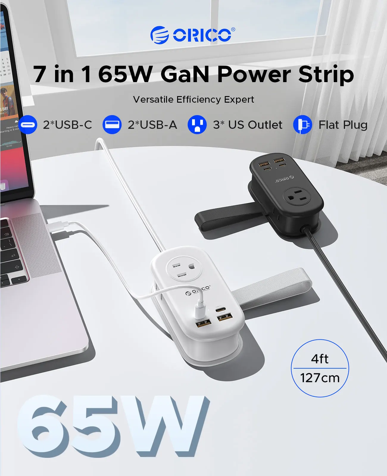ORICO 7-in-1 Plug 65W GaN Power Strip 3AC 2USB-C 2USB-A Fast Charging 1.27M Extension Cord for Laptop/Phone/Tablet Charging