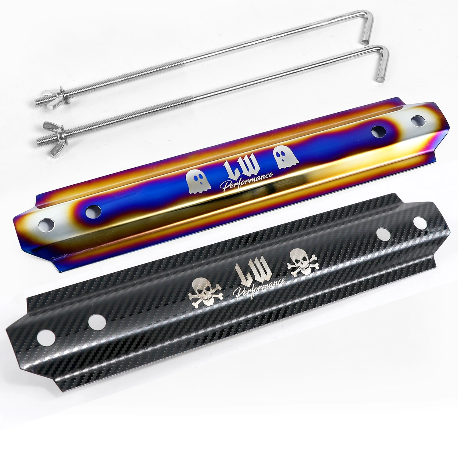 LW High Quality Stainless Steel Carbon Pattern Burnt Blue Billet Battery Tie Down Bar for Universal Car