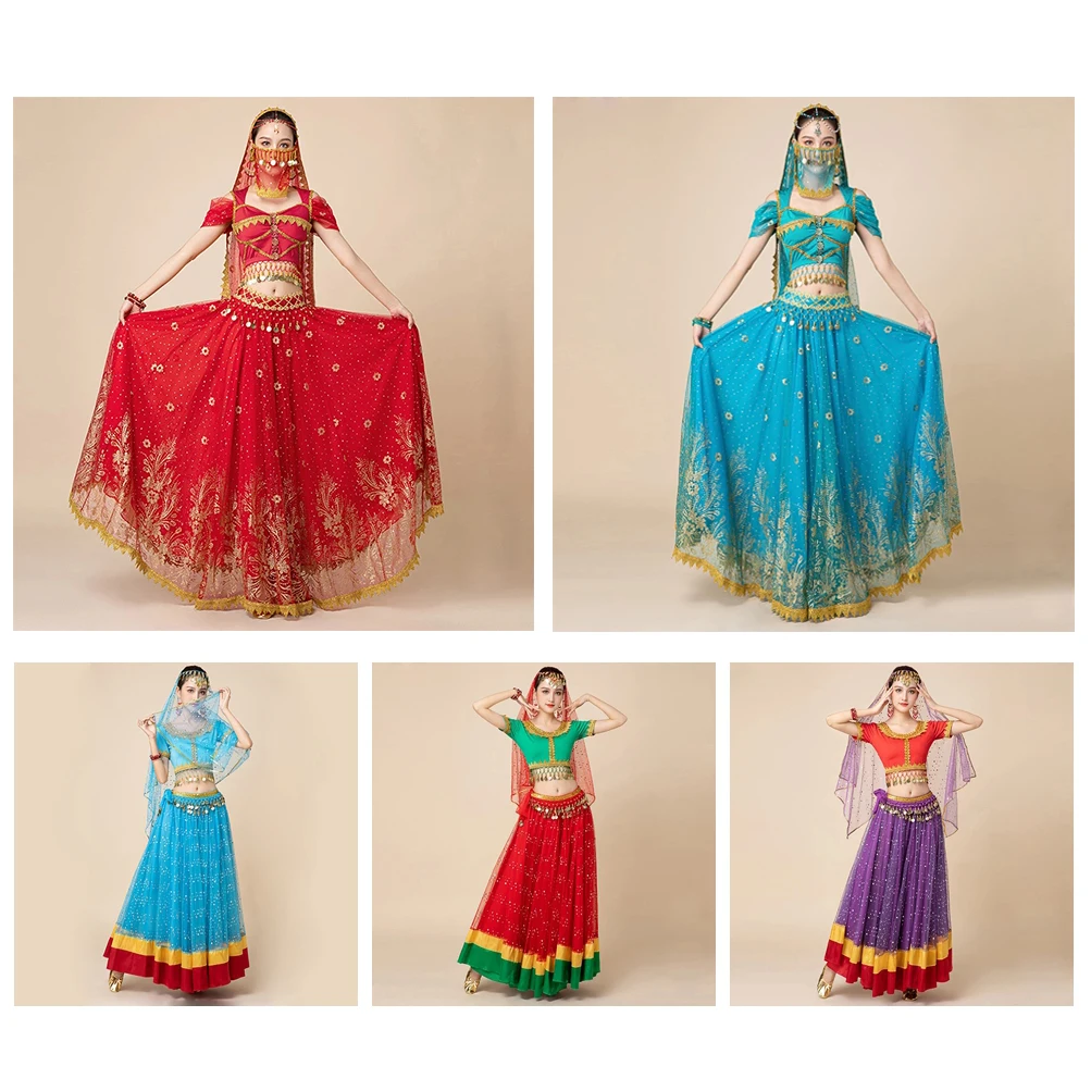 Belly Dance Outfits Indian Dance Bollywood Costume Set Party Cosplay Festival Performance Embroidered Long Maxi Skirt