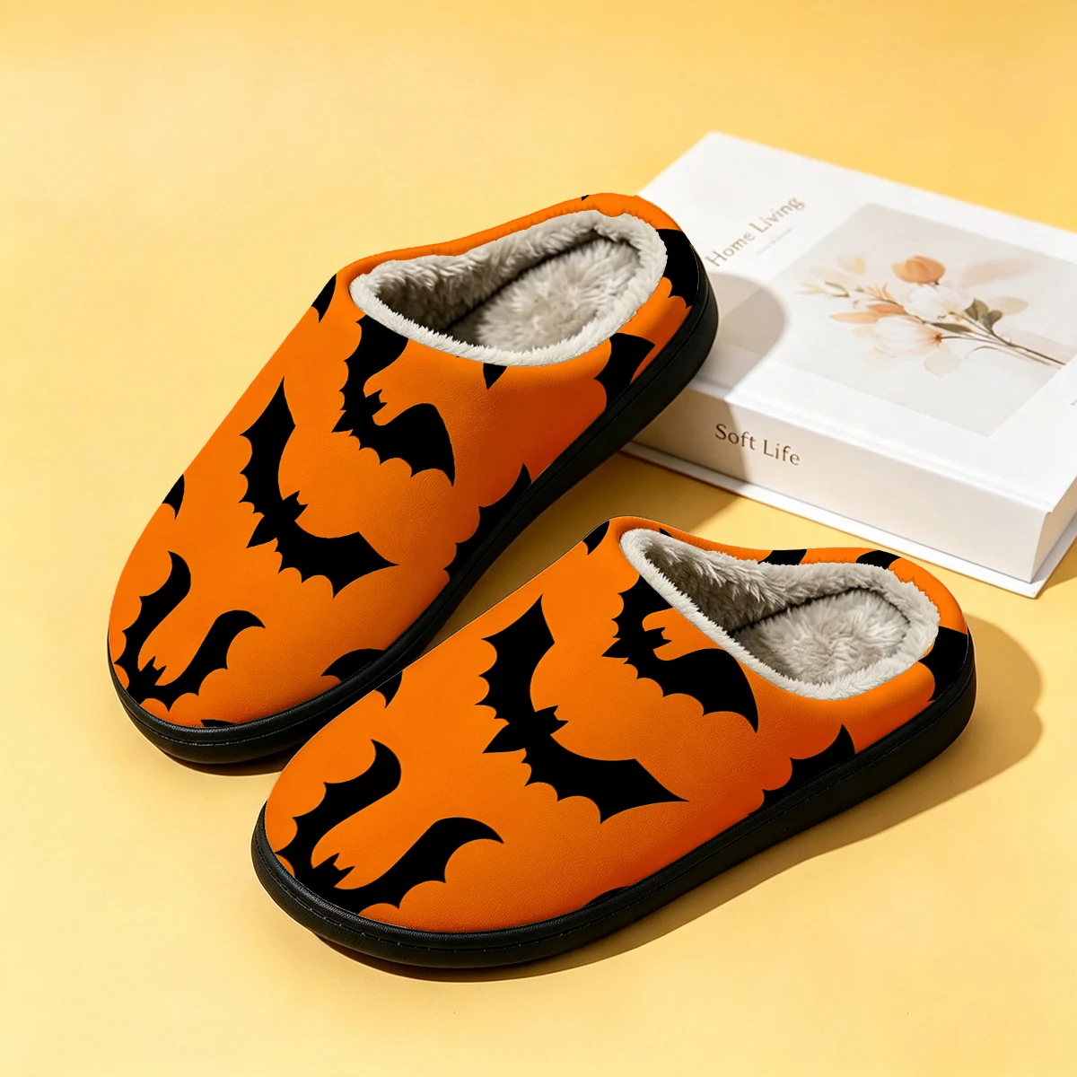 Men Shoes Winter - ブラックオレンジバッツ レディース冬用高級コットンスリッパ 室内用ホームプラッシュ暖かいスリッパ カップルスリッパ メンズ秋用