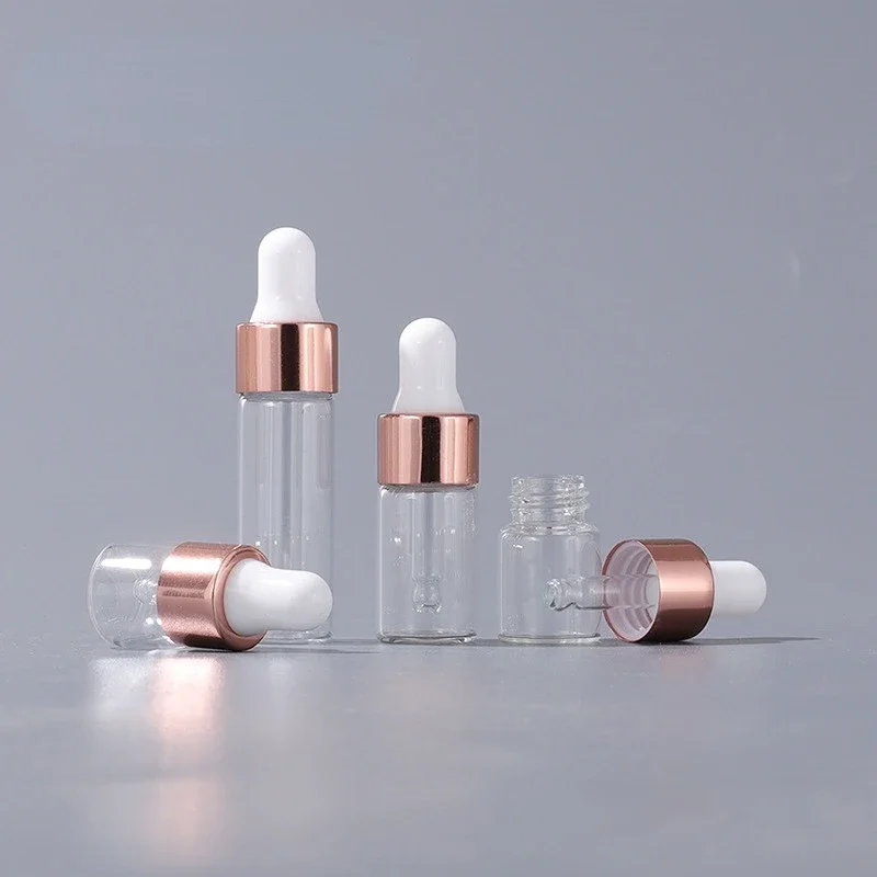 10/20pcs Mini Dropper Bottles Glass Empty Essential Oil Aromatherapy Bottles Rose Gold Cap Pipettes Bottles 1ml 2ml 3ml 5ml