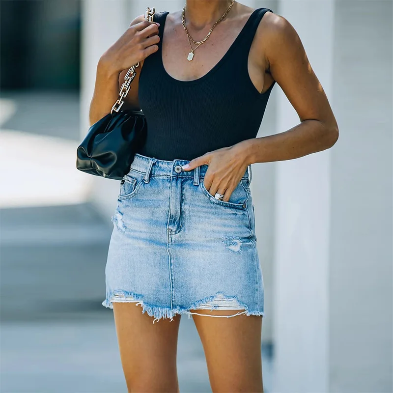 2023 Summer New Women\'s Denim Short Skirt Fashion Sexy Ripped Raw Edge Jeans Mini A-line Skirt S-2XL Drop Shipping