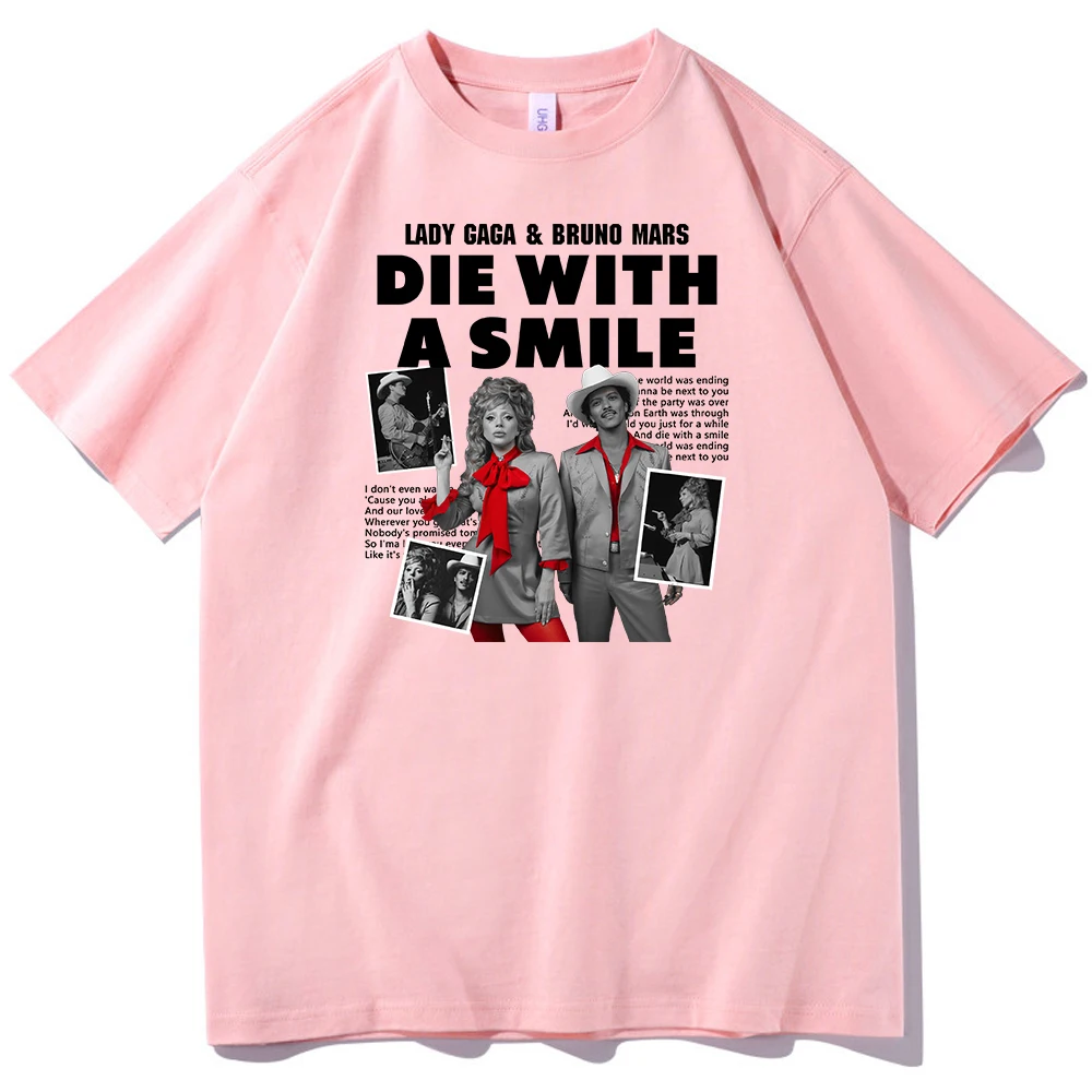 Lady Gaga & Bruno Mars Die With A Smile T-shirt O-Neck Short Sleeve Shirts Fans Gift