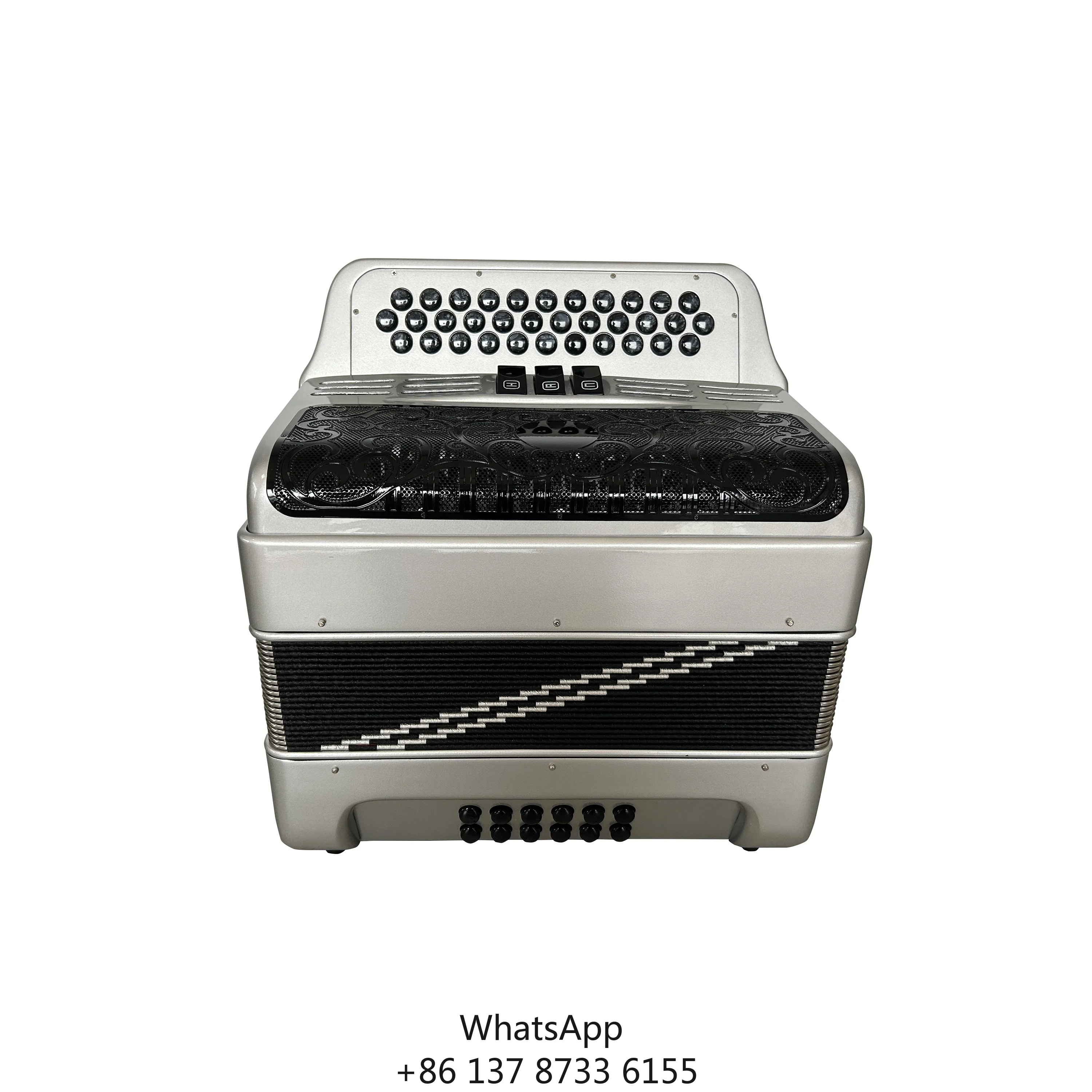 

Professional JB3412C Diatonic Musical Accordion With 34 Buttons 12 Bass & 3 Registers Silver Black Color Black Buttons Grill