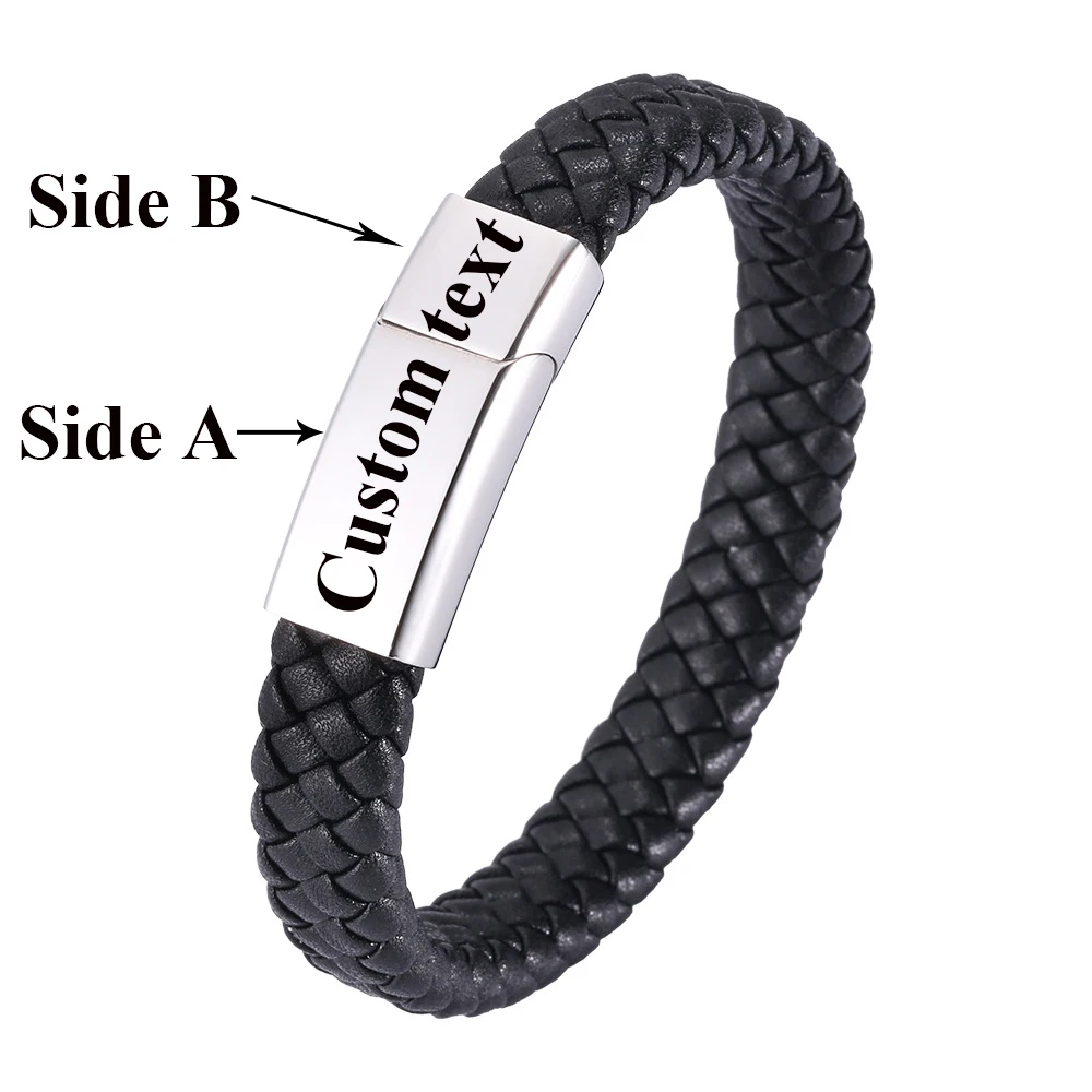 

Custom logo Name Engrave Leather Bracelet Magnetic buckle customize Stainless Steel Bracelets For Women Men ID Bracelet