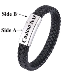 Custom logo Name Engrave Leather Bracelet Magnetic buckle customize Stainless Steel Bracelets For Women Men ID Bracelet