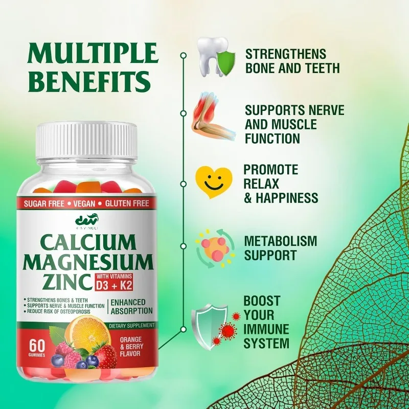 Calcium magnesium zinc gummies contain vitamin D3 and K2- highly effective in enhancing absorption - orange and berry flavors