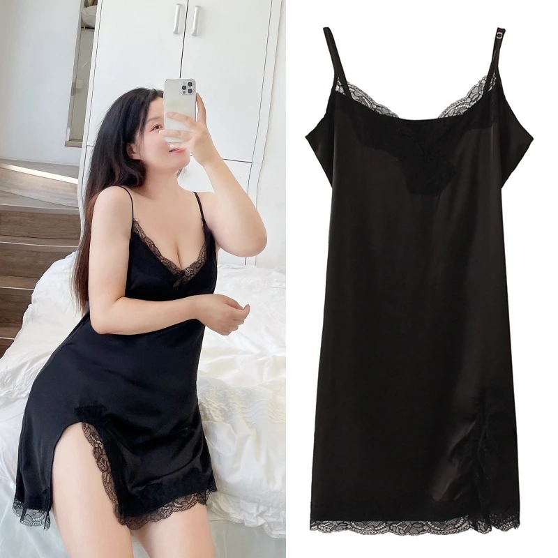 150kg Plus Size Sexy Lace Satin Suspender Nightgown Women Summer Negligee Thin Solid V-neck Sling Pajama Dress Loose Sleepwear view 2