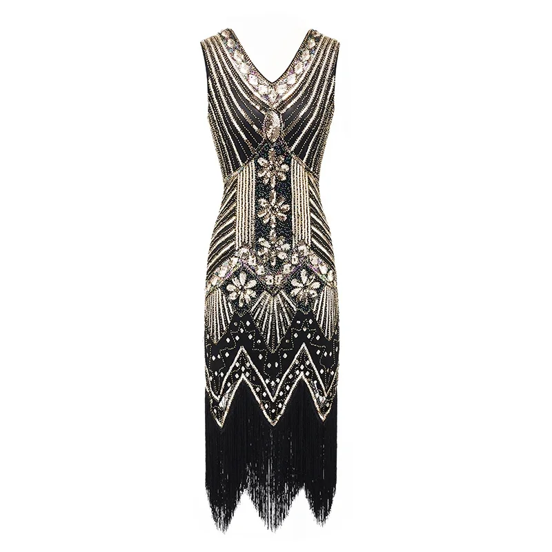 

Women Vintage Flapper Gatsby Dress Summer Sleeveless Party Costumes V-Neck Sequin Fringed Tassel Evening Midi Dress