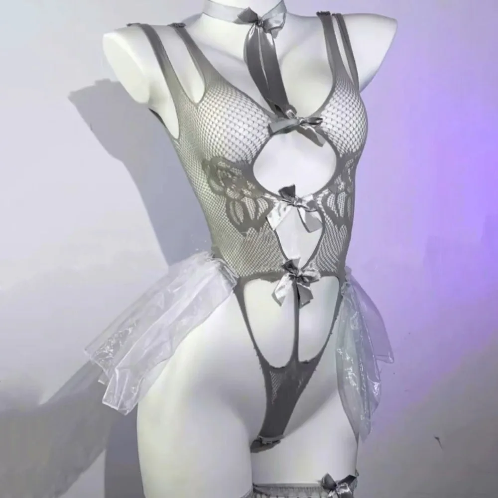 

With Wearing Stockings Sexy Clothing Lace Skirt Mesh Nightgown Bow Deep V Lace Skirt Sleeveless Slim Fit Sexy Lingerie Dress