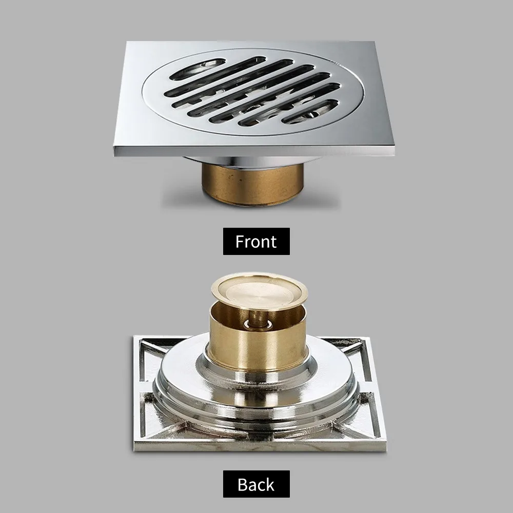 Durable Copper Floor Drain Square Removable Strainer Cover Hair Catcher Anti-Clogging 4 Inch Size Shower Drain Garage