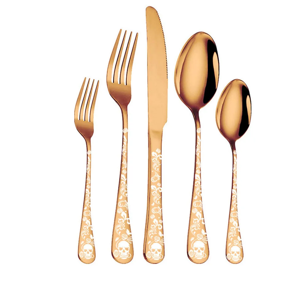 

5pcs Stainless Steel Cutlery Set Gothic Spoon Fork Knife Tableware Halloween Skull Pattern Dinnerware Western Flatware Set