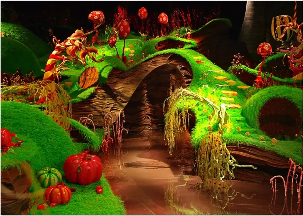 Chocolate Factory Green Grass Steps Bridge River Pumpkins photo backdrop Vinyl cloth  Computer print wall background