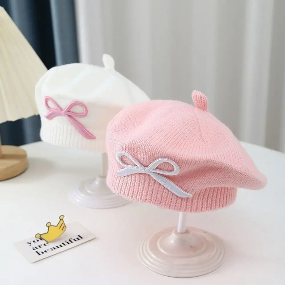 Cotton Beret Hat Thick Warm Bowknot Decoration Girls Painter Cap Casual Elastic Flexible Toddler Warm Beanie Autumn Winter