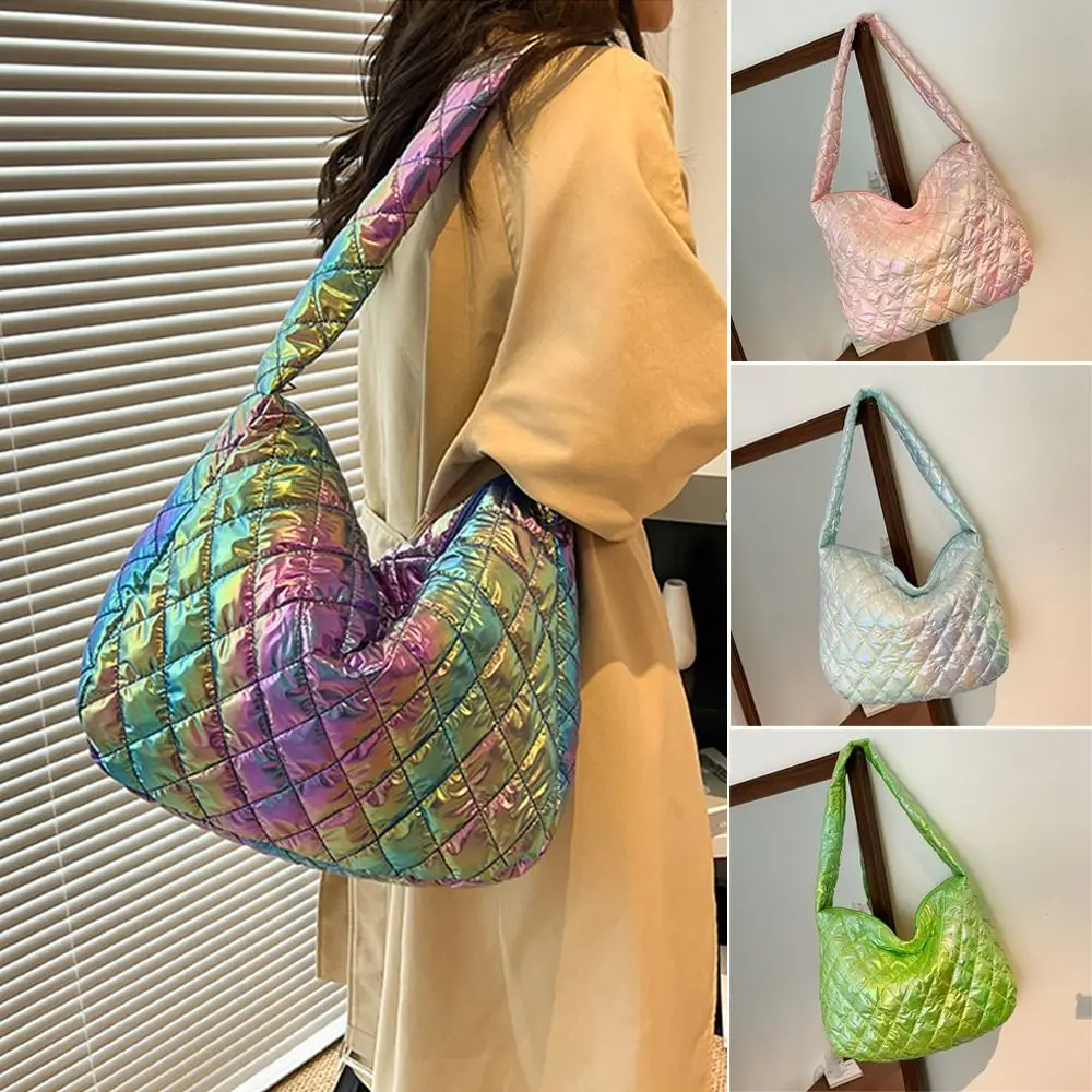 Fashion Laser Multicolor Rhombus Pattern Shoulder Tote Bag Cotton Padded Handbags Messenger Bags