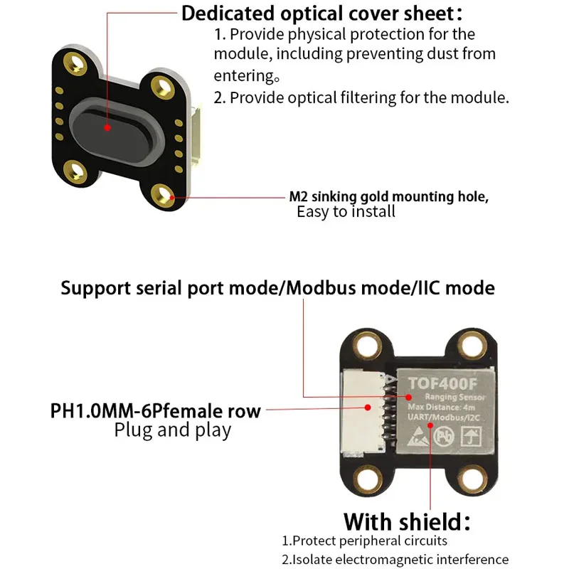 TOF050F/TOF200F/ TOF400F Laser Distance Measurement Sensor Module ToF 50CM/2M /4M MODBUS IIC Serial Port Output Multi-mode