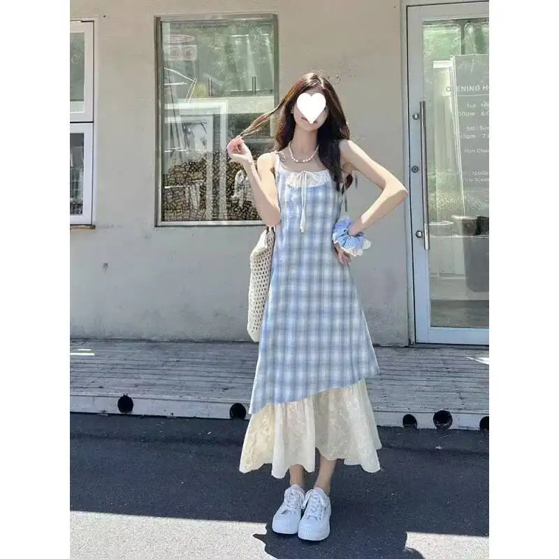 

Slimming Plaid Mini Women Summer Loose Knee-Length Sleeveless High Collar Red And White Gingham Print Dress