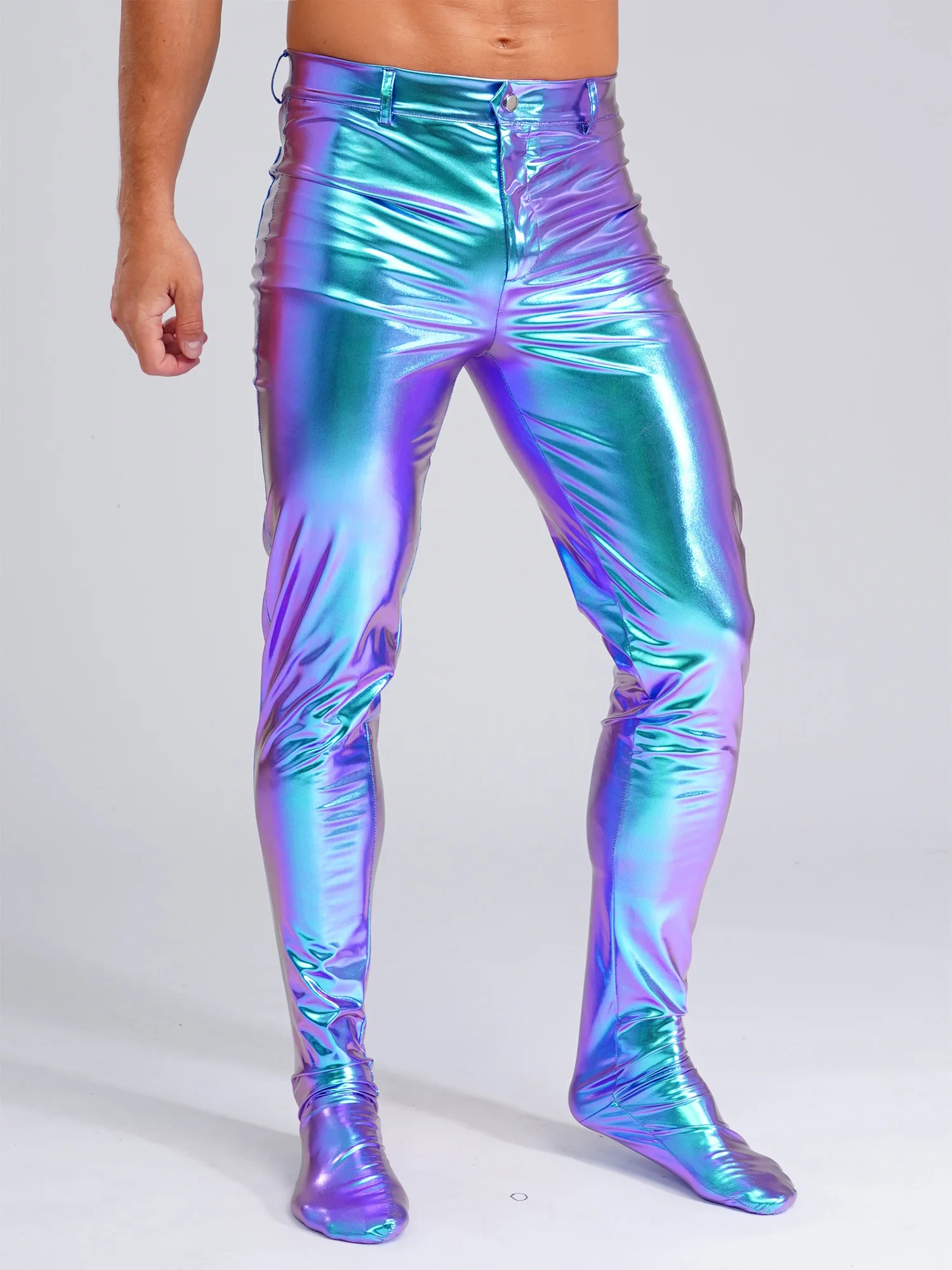 Męskie błyszczące metaliczne rajstopy obcisłe obcisłe spodnie długie spodnie PU taniec legginsy uciskowe strój do klubu nocnego