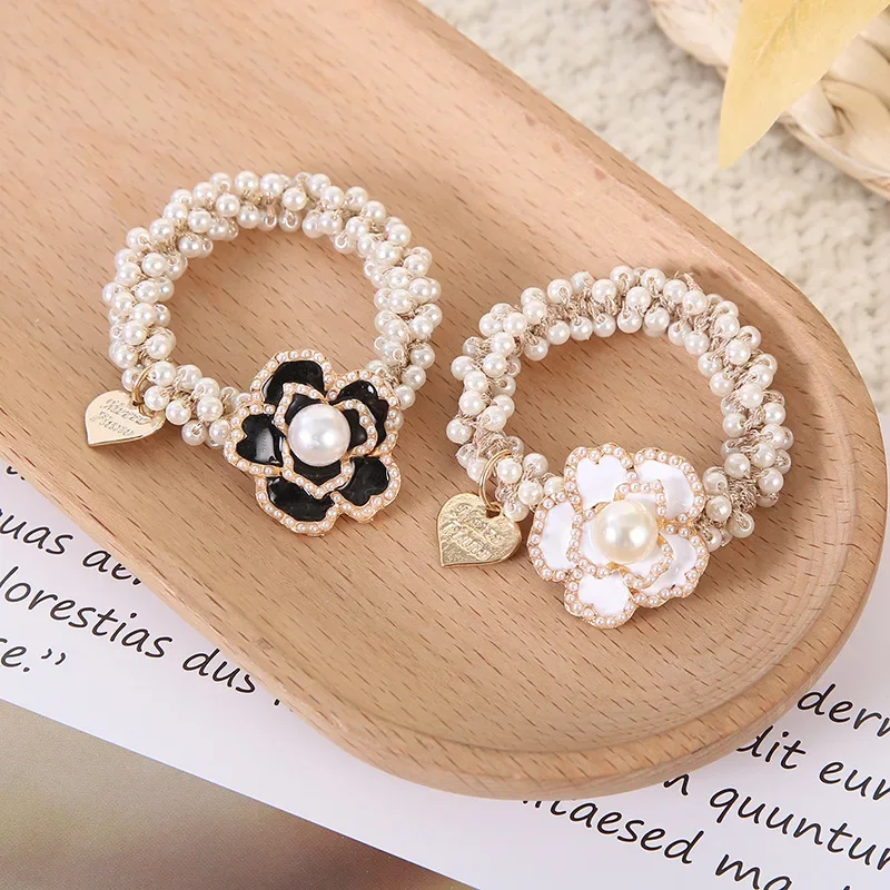 Luxury CC Camellia Pearl Elastic Hair Band Scrunchie Hair Ties for Women Girls Ponytail Holder Hair Accessories Free Shipping