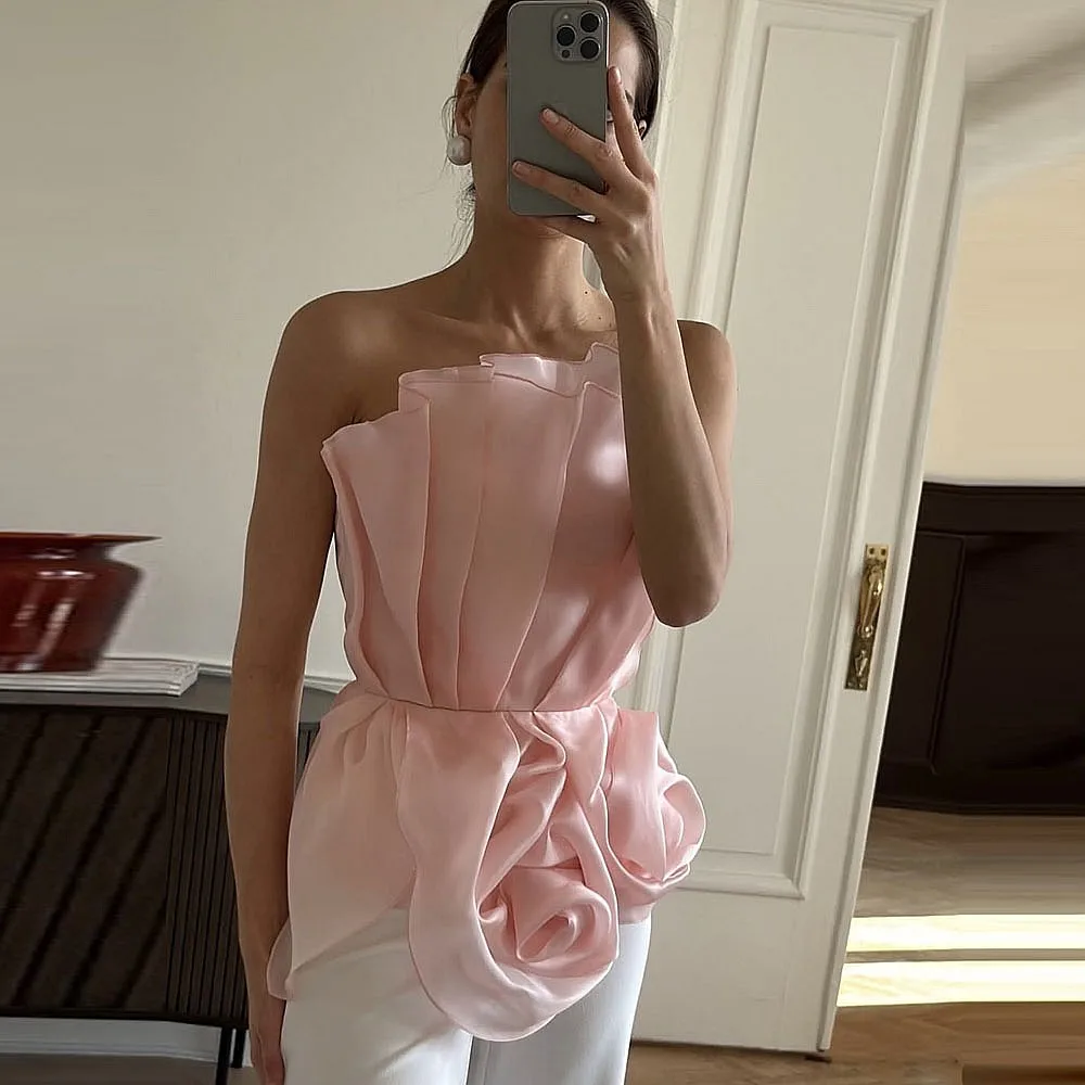 

Pink Satin Birthday Blouse Strapless Normal Length Girls Party Tops For Photoshoots To Match