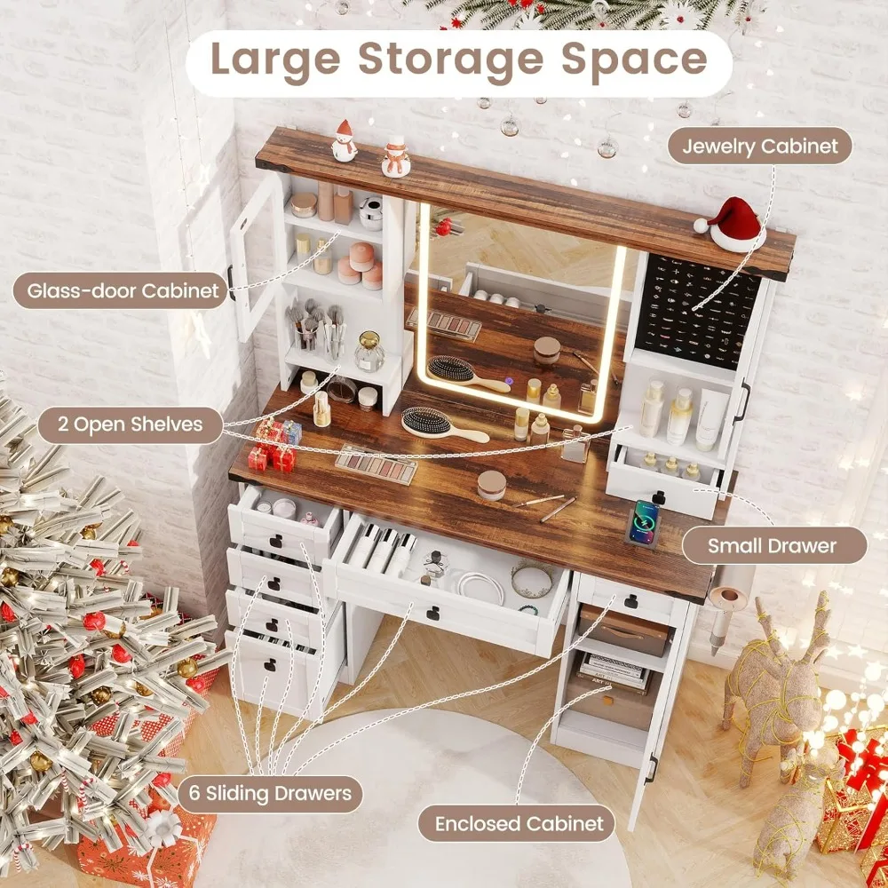 

Dressing table with illuminated mirror and 7 drawers, 45 inch makeup dressing table with charging station