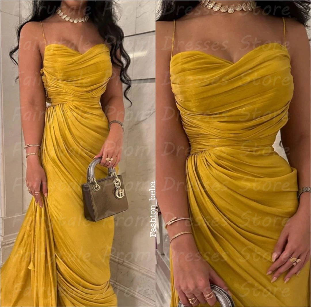 Fairytale Sweetheart Luxury Formal Evening Dress Pleat Yellow Sleeveless فساتين سهرة Ankle Length Elegant Prom Gowns Party Women