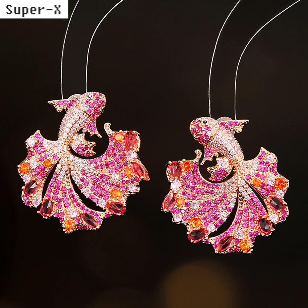 Shiny Zircon Fish Earrings for Women Wedding Luxury Jewelry Fushia Pink White Blue Black Rumble Fish Stud Earrings Party Jewelry