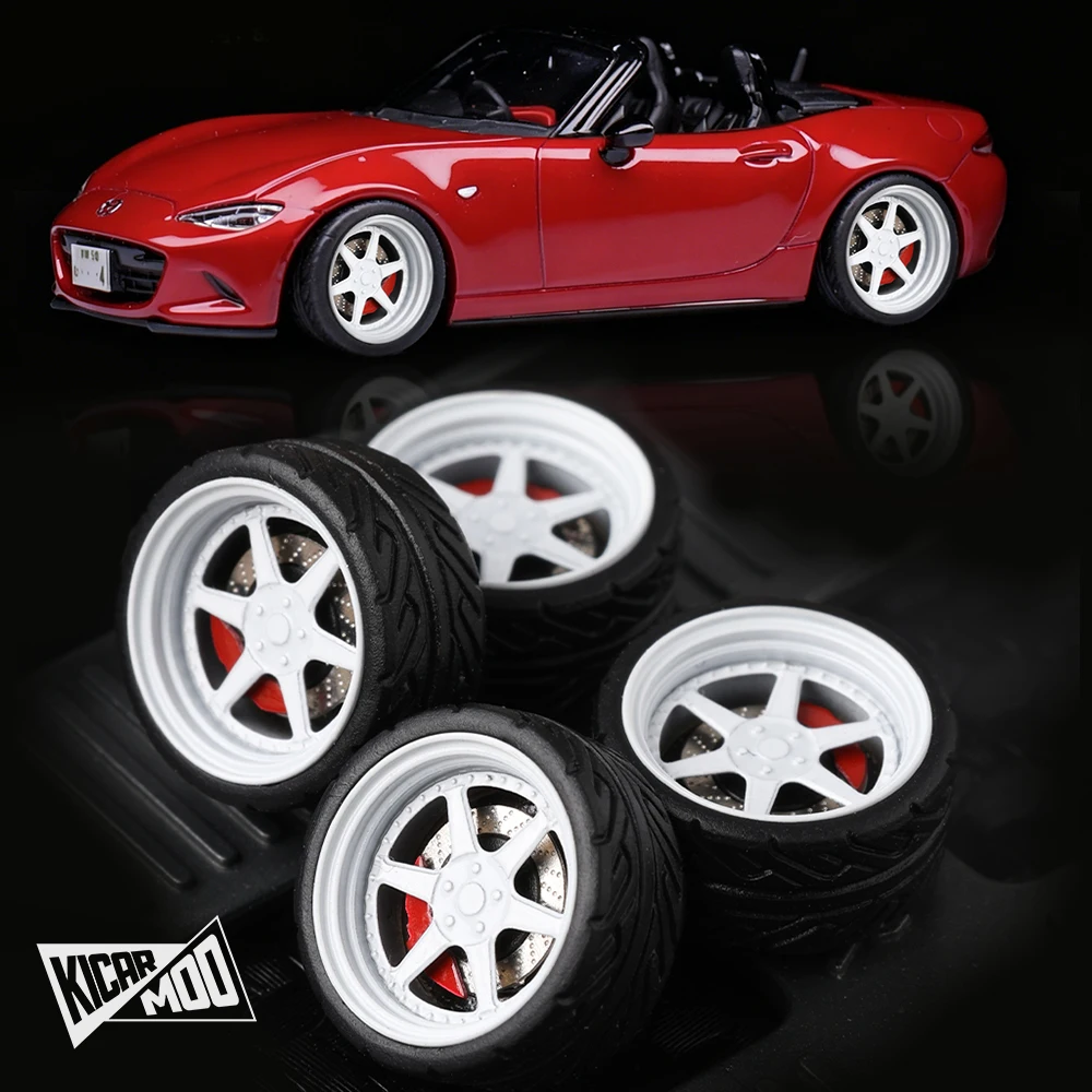 Kicarmod 1/64 C-Series 10.5mm Alloy Model Rim & Rubber Tire Set, 4Pcs Replacement  and Magnetic Hub Covers for Tomica