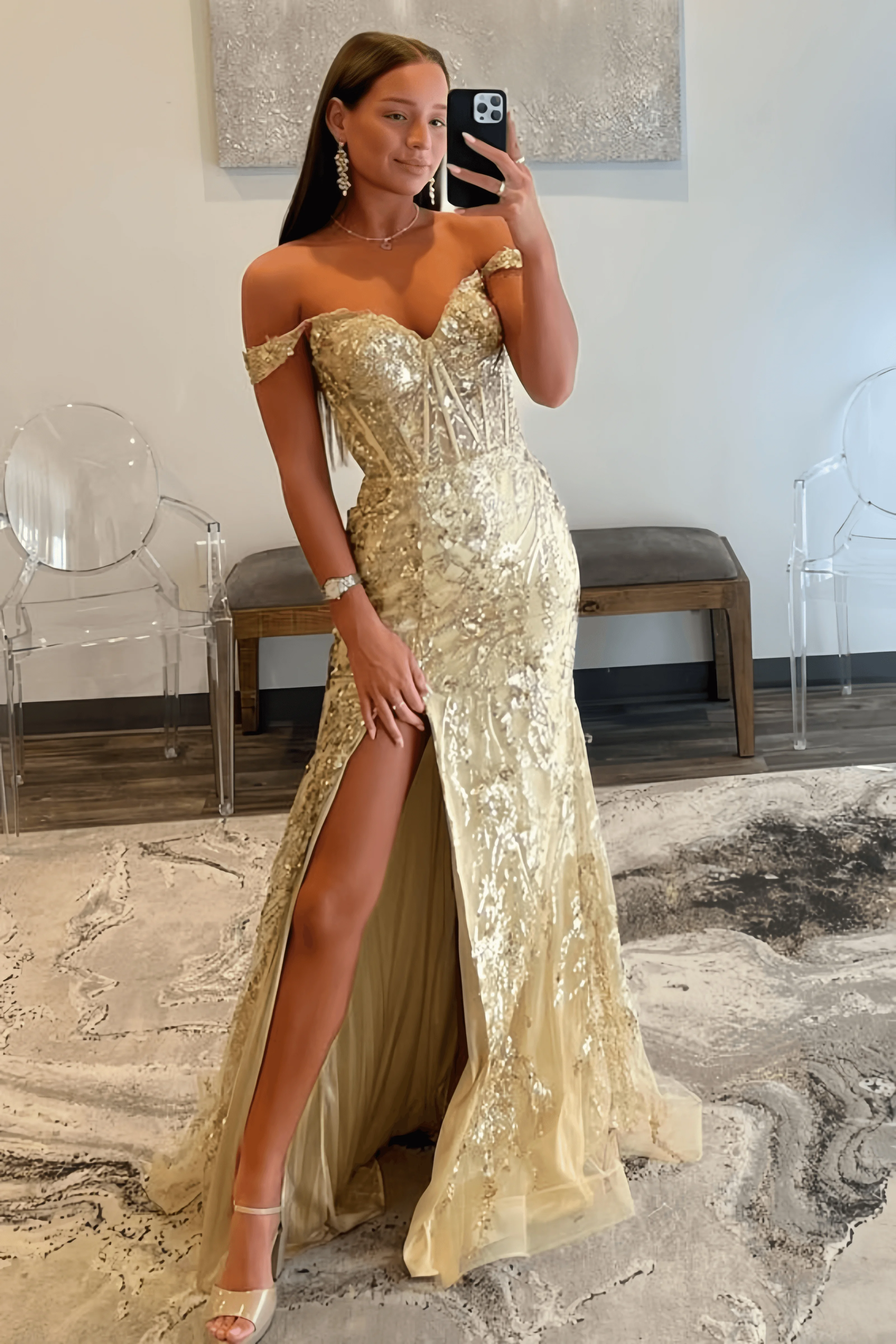 Women'S Off The Shoulder Lace Sequin Evening Gown Long 2024 Sparkly Mermaid Prom Dress With Slit Party Cocktail Robe