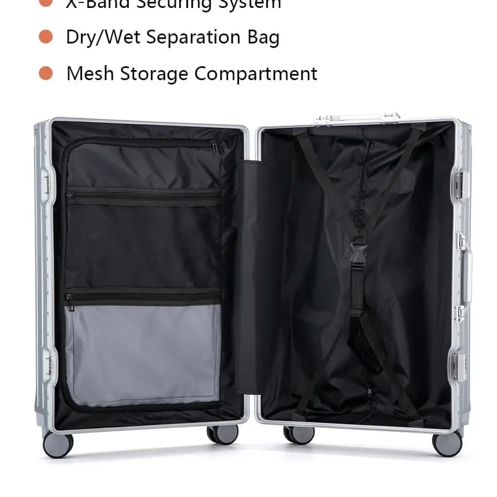 Aluminum-Framed Business Suitcase with Cup Holder & USB, 24-Inch Grey Checked Hard Shell Luggage