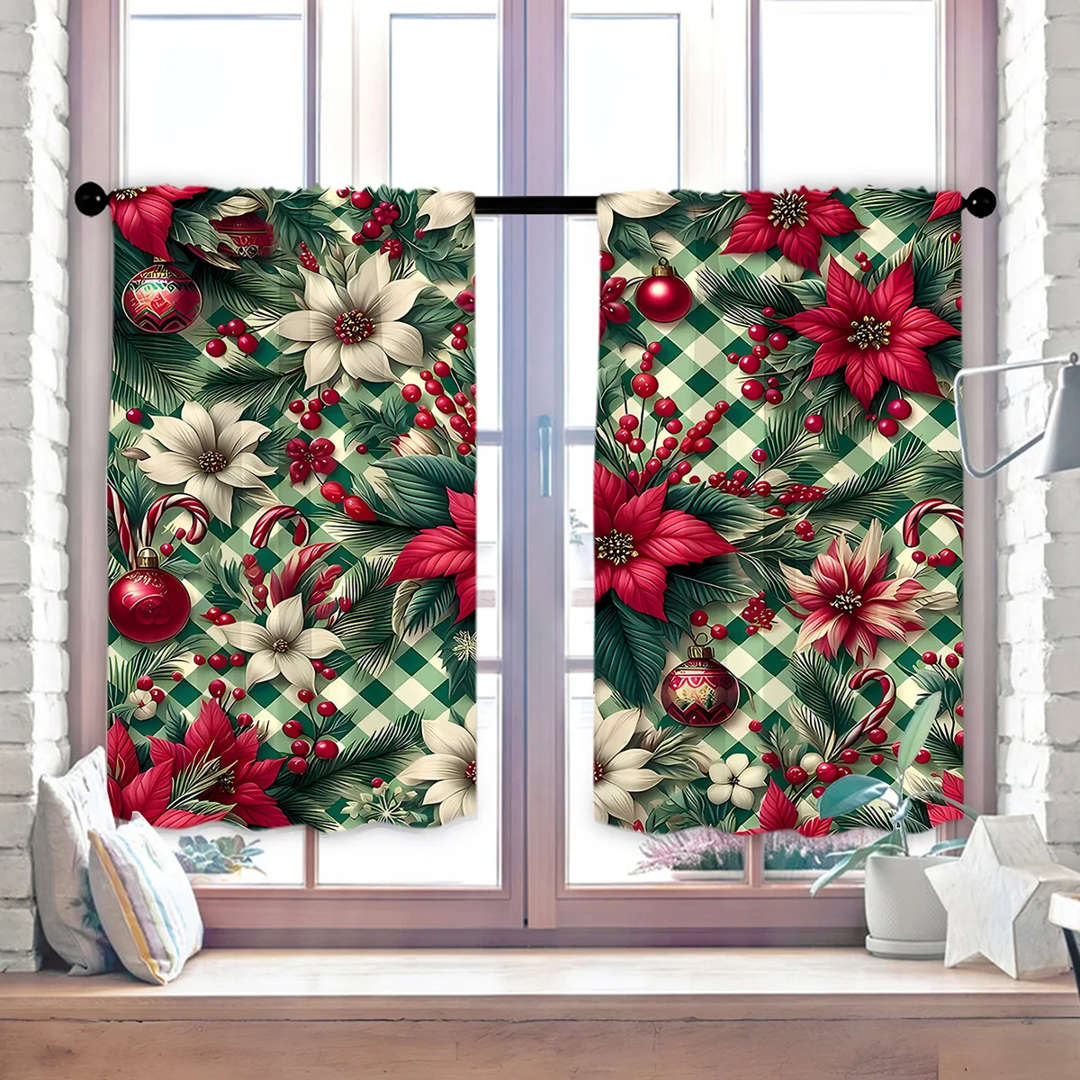 VIKAMA Christmas Valance Curtain Kitchen Waterproof Oil Proof Short Window Tier Set